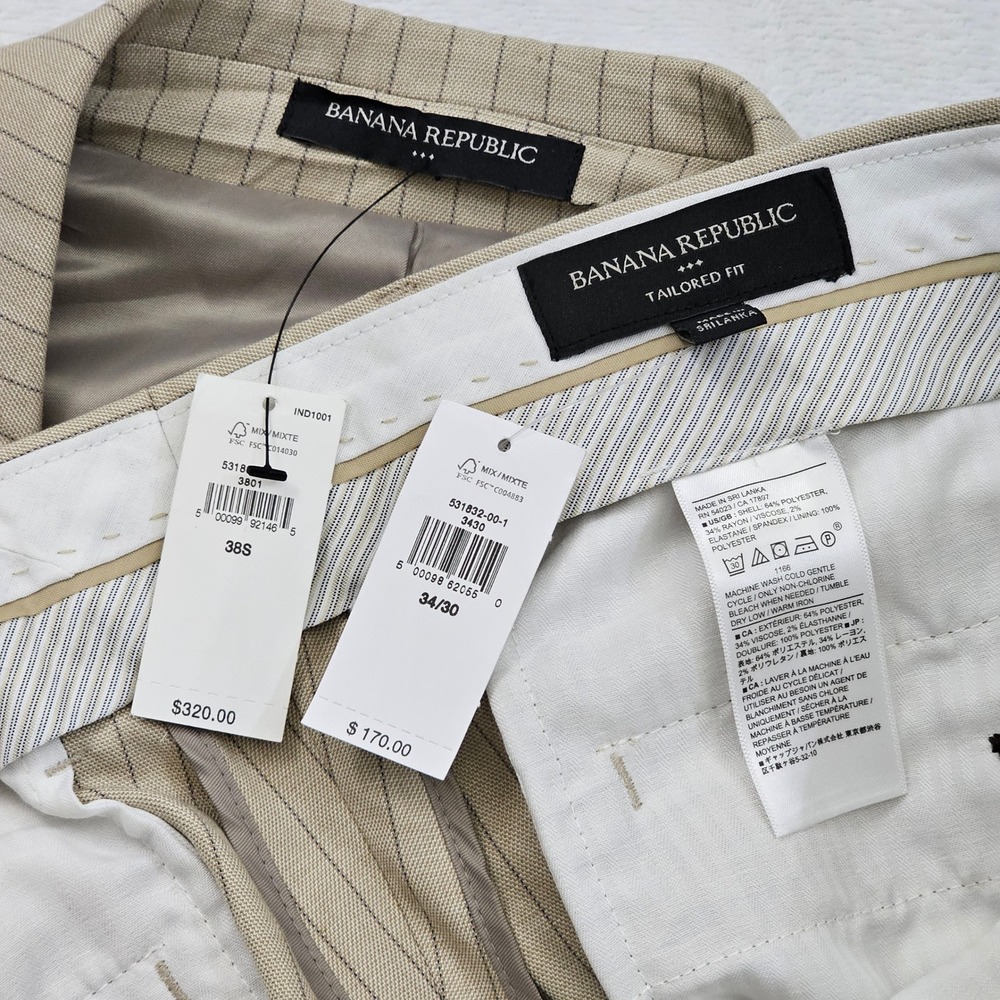 Banana Republic Suit Mens 38S 34x28 Beige Pinstripe Tailored Fit 2pc Wedding NEW - Picture 7 of 16